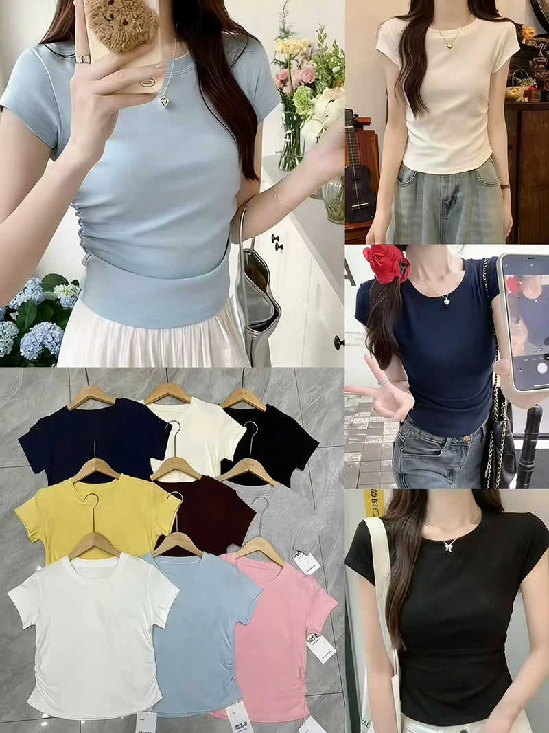 Women's Basic Solid Crop Top Short Sleeve Crewneck Skinny T-shirt Summer Casual Y2K Vintage Harajuku Streetwear