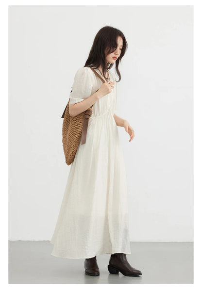 Vintage Puff Sleeve Dress - French Style Black Ankle Length Women Summer Casual Wear