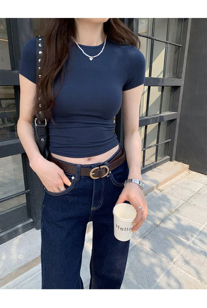 Basic Solid Crop Top Short Sleeve Crewneck Skinny T-shirt Summer Casual Tee for Women Y2K Vintage Top Harajuku Streetwear