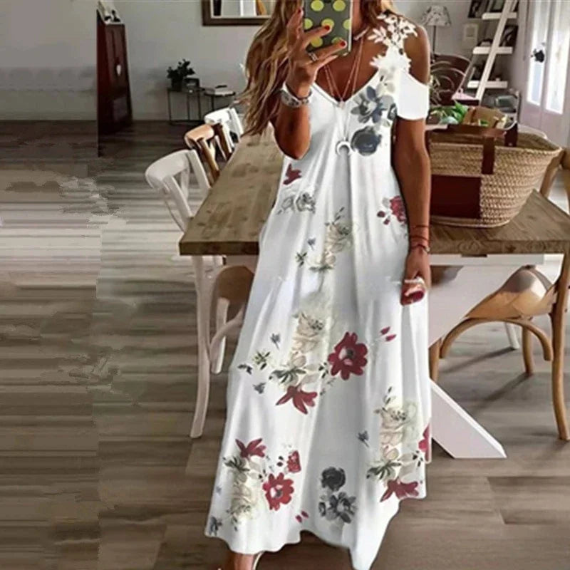 Women's Summer Dress - Sleeveless Printed White Lace Floor-Length Suspender Dress