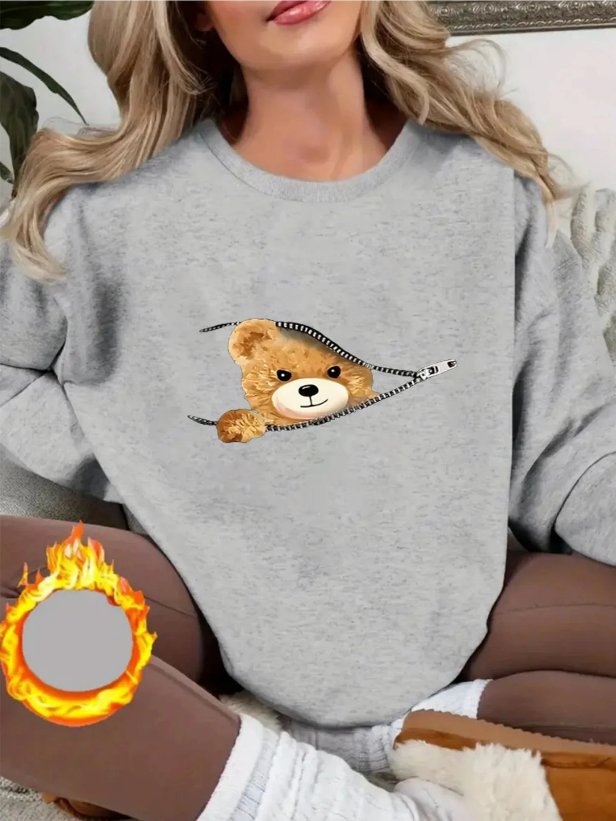Women's Autumn and Winter Loose Casual Cartoon Zipper Bear Pattern Printed Velvet Long-Sleeved Round Neck Sweatshirt Pullover
