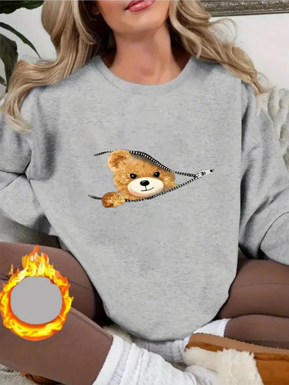 Women's Autumn and Winter Loose Casual Cartoon Zipper Bear Pattern Printed Velvet Long-Sleeved Round Neck Sweatshirt Pullover