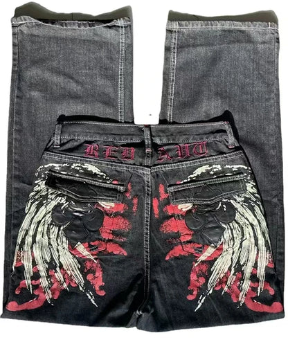 Y2K New Retro Centipede Embroidery Pattern Washed Oversized Wide-Leg Pants Street Gothic Harajuku Floor Pants For Men and Women