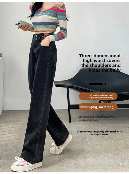 Slim Wide Leg Denim Jeans High Waist Double Bule Straight Cut Pants for Women Bla ey Autumn New Arrival Faionable Wea...
