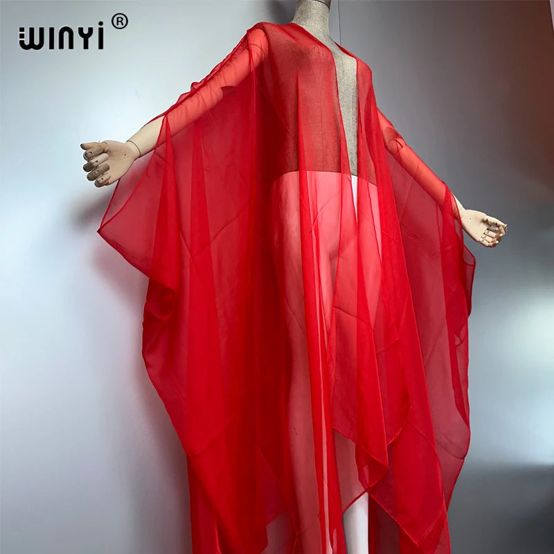 WINYI Beach sexy Cover Ups for Swimwear Women Kimono Swimsuit Cape Summer Dress 2023 Beachwear Monochrome perspective yarn dress