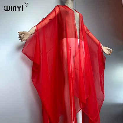 WINYI Beach sexy Cover Ups for Swimwear Women Kimono Swimsuit Cape Summer Dress 2023 Beachwear Monochrome perspective yarn dress