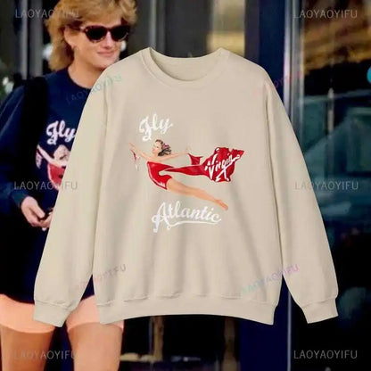 Fly Atlantic Princess Diana Sweatshirt Retro 80s Sporty Crewneck Winter Clothes Women Aesthetic Sweaters Casual Long Sleeve Tops