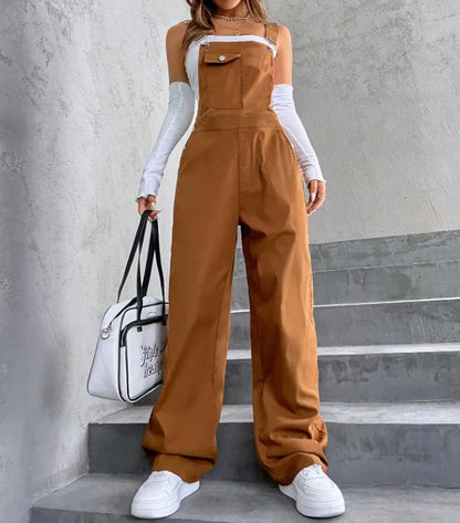 Retro Pocket Solid Color Straight Leg Utility Overalls Loose Fashion Casual Pants