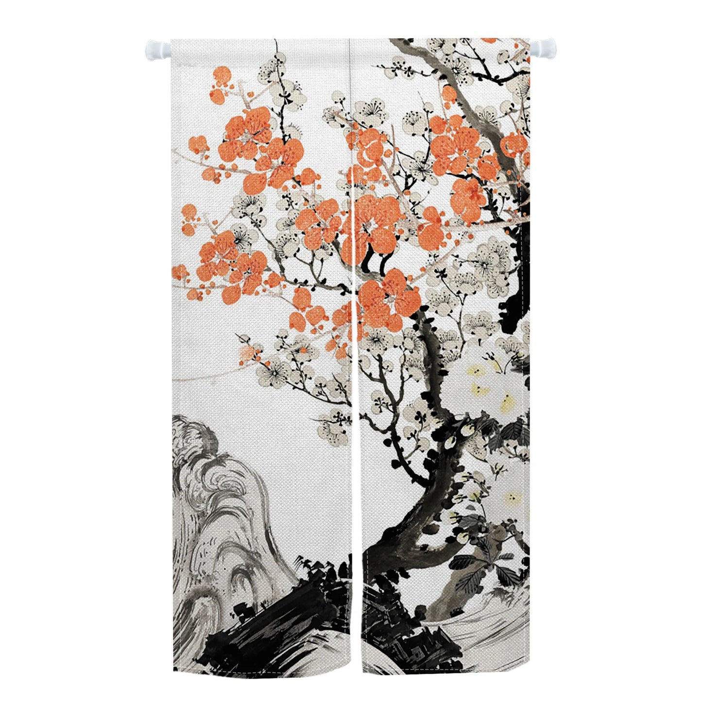 Japanese Door Curtain - Cherry Blossom Curtain With Kanagawa Wave Design | Linen Door Panel