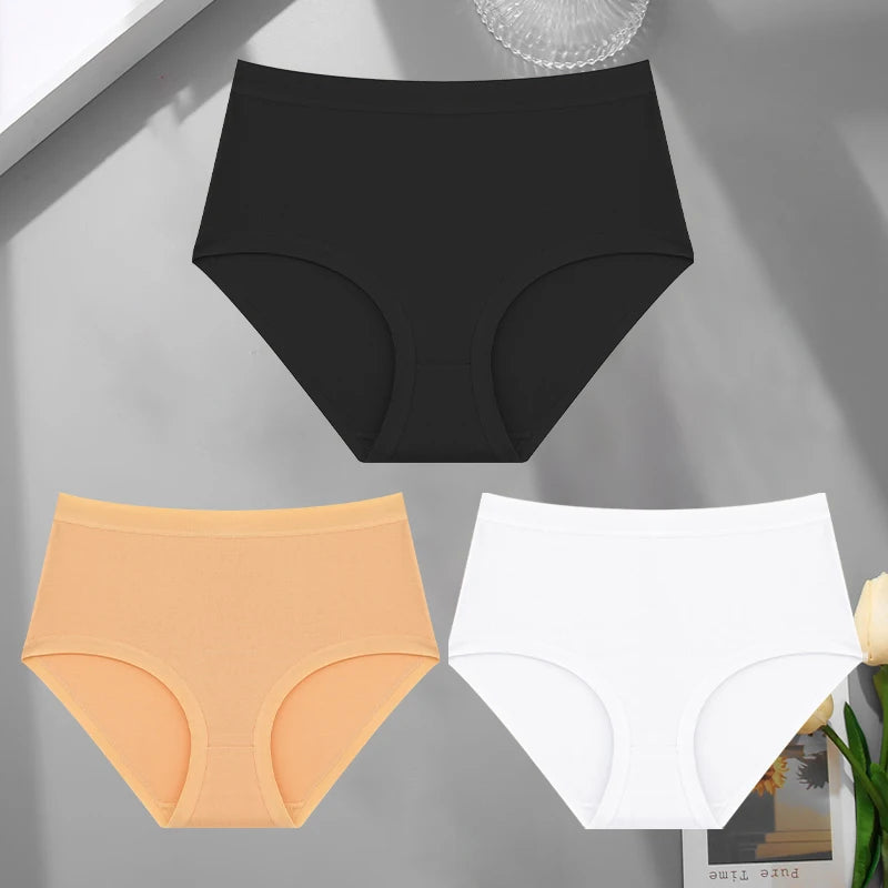 FINETOO 3Pcs/Set Seamless Cotton Panties Women Solid Color High Rise Elastic Briefs Female Soft Comfortable Breathable Underwear