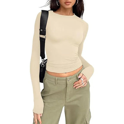 Women Slim Fit T-Shirt – Long Sleeve Crew Neck Crop Top | Casual Spring Summer Tee