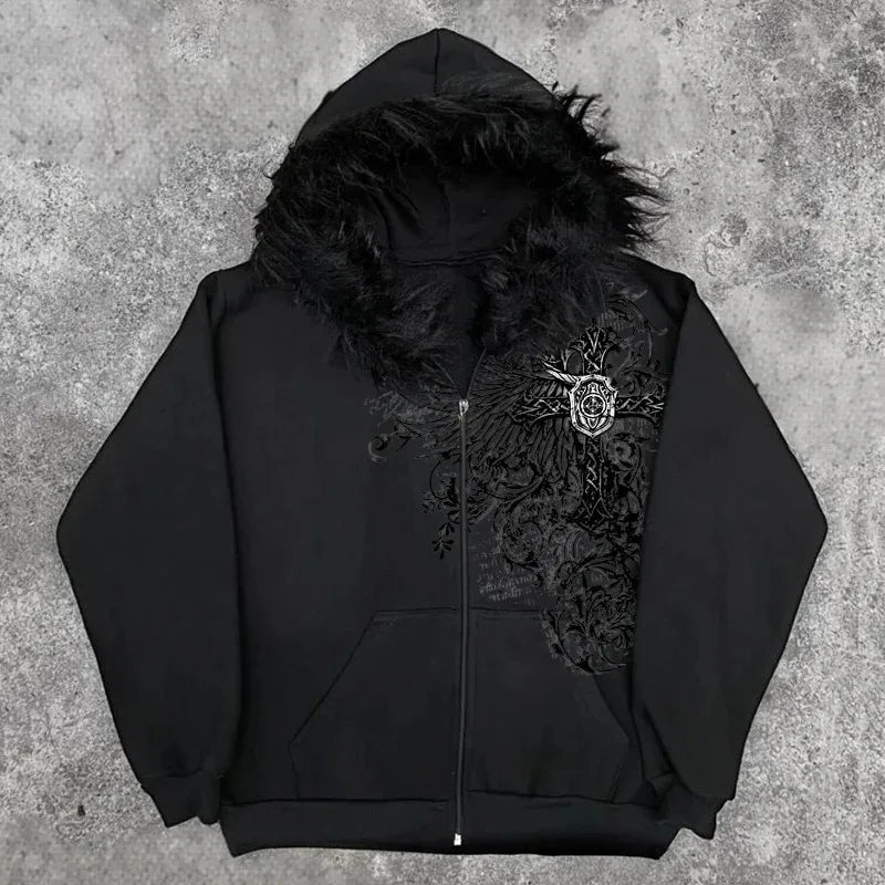 American Style Hip-Hop Style Y2K Autumn and Winter New Item Unisex Thick Print Warm Hoodie Jacket Zipper with Hat