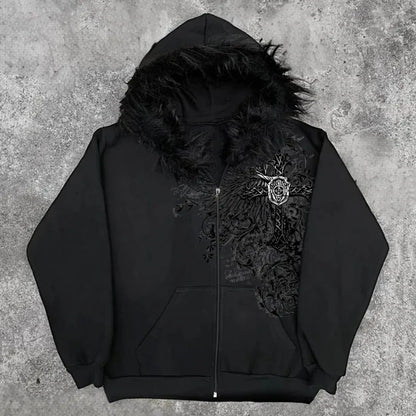 American Style Hip-Hop Style Y2K Autumn and Winter New Item Unisex Thick Print Warm Hoodie Jacket Zipper with Hat