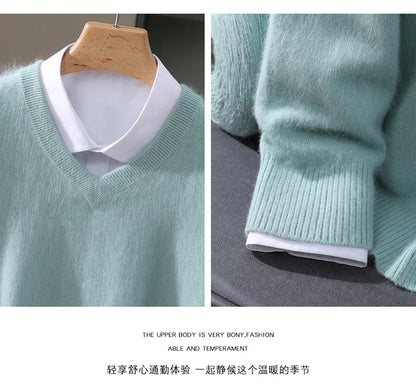 Men's 100% Pure Mink Cashmere Sweater V-neck Pullover Knit Bottoming Shirt Autumn And Winter New Long-Sleeve High-End Mink Tops