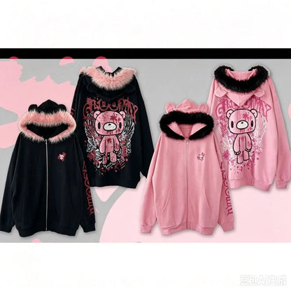 Gothic Kawaii Jirai Kei Women Distressed Gloomy Bear Print Pink Furry Trim Bear Ear Oversized Zip Hoodie Harajuku Casual Outfit