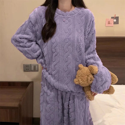 Ultra Soft Warm Coral Fleece Pajama Set Lightweight Fluffy Winter Loungewear Sleepwear For Women Cozy Home Suit Winter Style New