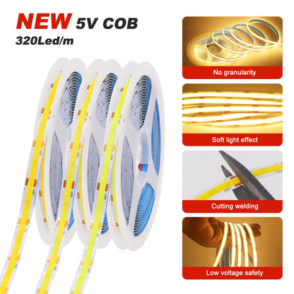 3AA Battery Box 5V COB Led Strip 8MM 320LEDs/M Warm Natural Cool White Flexible COB Strip Light for Bedroom Cabinet TV Backlight