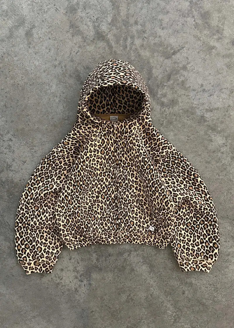 Y2K Leopard Print Hoodie – Unisex Harajuku Hip Hop Style Zip-Up Pullover Sweatshirt for Couples