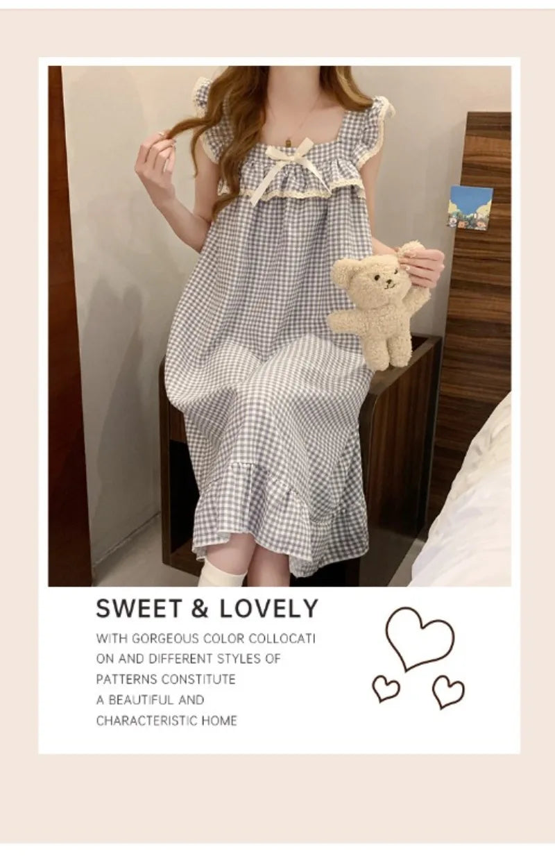 Women Korean Sweet Plaid Bow Design Nightgown with Straps Sleep Dress Cute Summer New Loungewear Y2K Nightgown with Built-in Bra