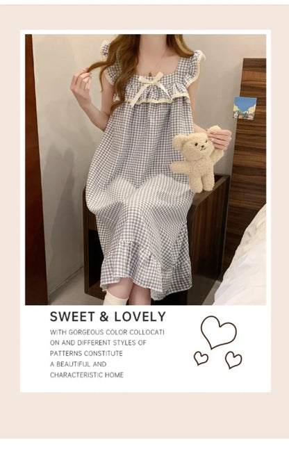 Women Korean Sweet Plaid Bow Design Nightgown with Straps Sleep Dress Cute Summer New Loungewear Y2K Nightgown with Built-in Bra