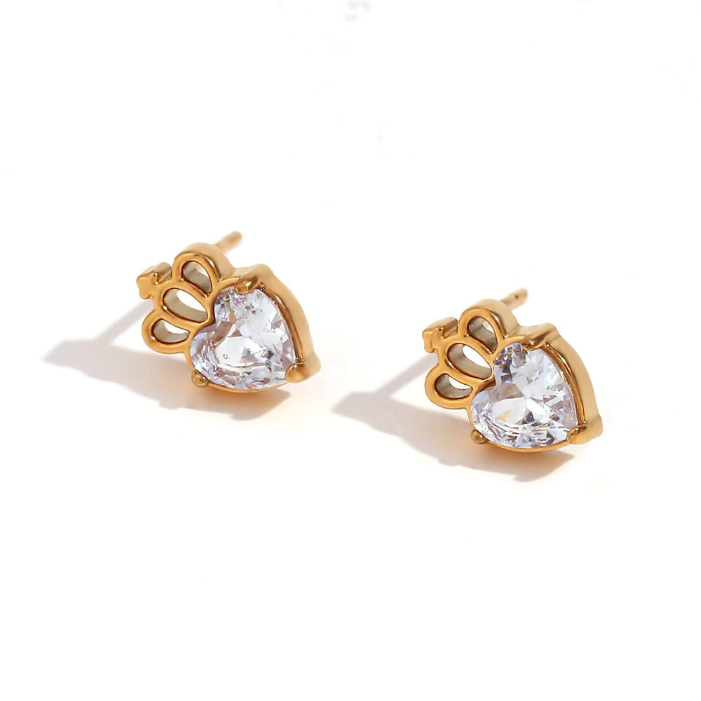 Mini Zircon Flower Crown Stud Earrings – 18K Gold-Plated Steel