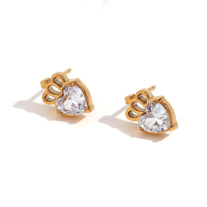 Mini Zircon Flower Crown Stud Earrings – 18K Gold-Plated Steel