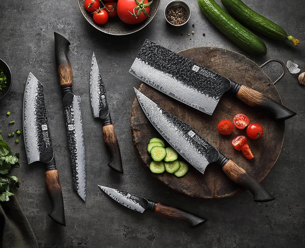 Damascus Knife Set - 67-Layer Steel with White Oak  Red G10 Handles 1-6 Pieces