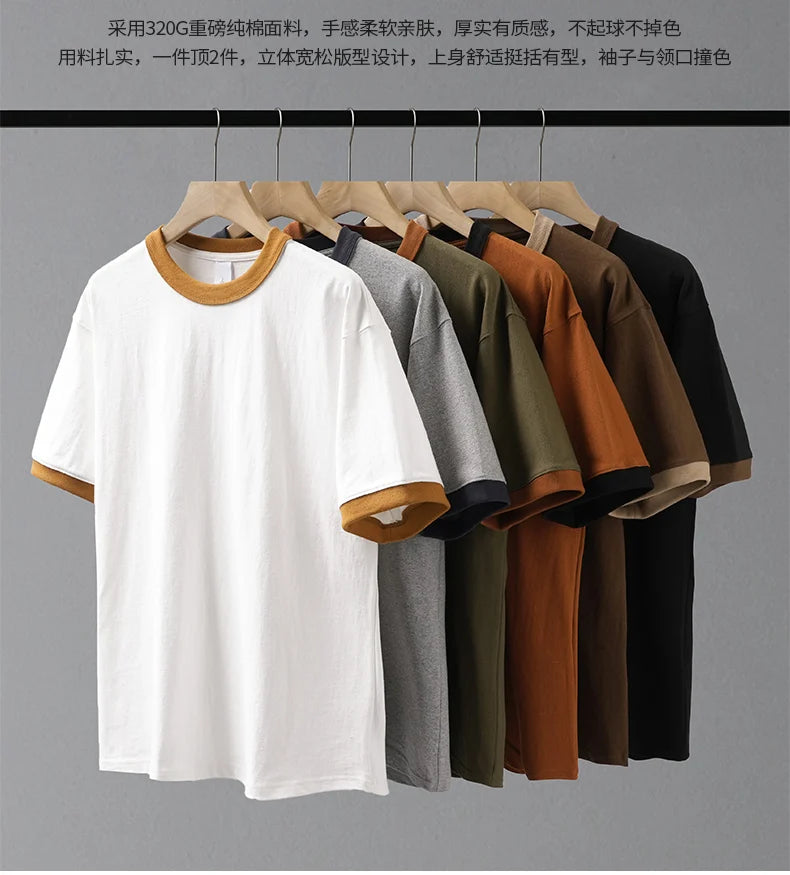 DUKEEN 320G Heavyweight Color-Blocked Patchwork Men's T-Shirt Summer 100% Cotton Solid Color Short Sleeve Basic Tops