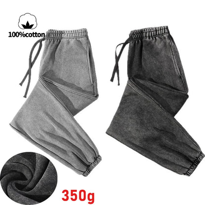 350g Water-Washed Distressed Loose Fit Casual Sweatpants with Ankle Ties - Retro American Style for Autumn/Spring