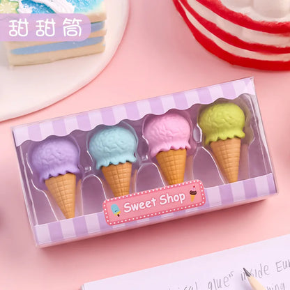 4pcs Yummy Icecream Erasers Set Mini Lollipop Dessert Popsicle Donuts Rubber Pencil Eraser for Kids Gift School Student Award