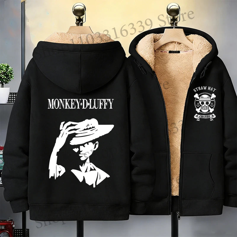 One Piece Man Thick Hooded Jacket Woman Winter Keep Warm Coat Anime Luffy Print Fleece Jacket Thermal Long Sleeve Hooded Clothes