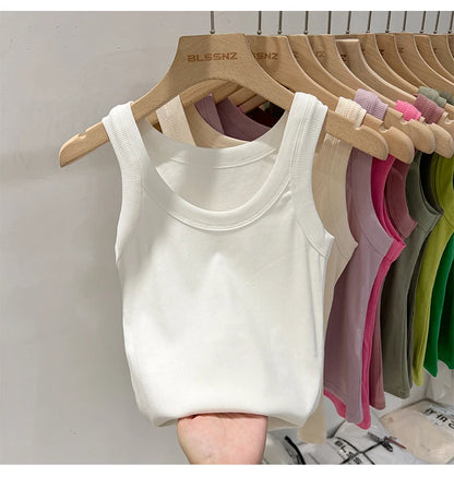 Women Solid Round Neck Ribbed Tank Top Camisole Women 2026 Summer Basic Elastic Tank Top O Neck Solid Tank Top
