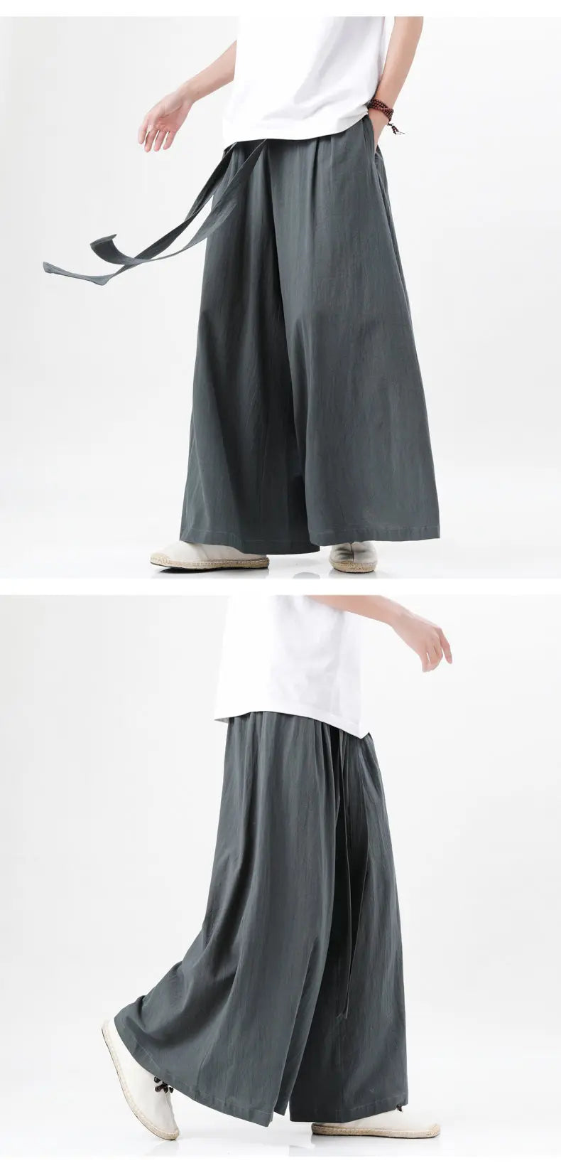 Chinese Style Linen Cotton Retro Pants Man Summer Kimono  Solid Color Traditional Pants Male Streetwear Casual Wide-Leg Trousers