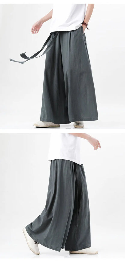 Chinese Style Linen Cotton Retro Pants Man Summer Kimono  Solid Color Traditional Pants Male Streetwear Casual Wide-Leg Trousers