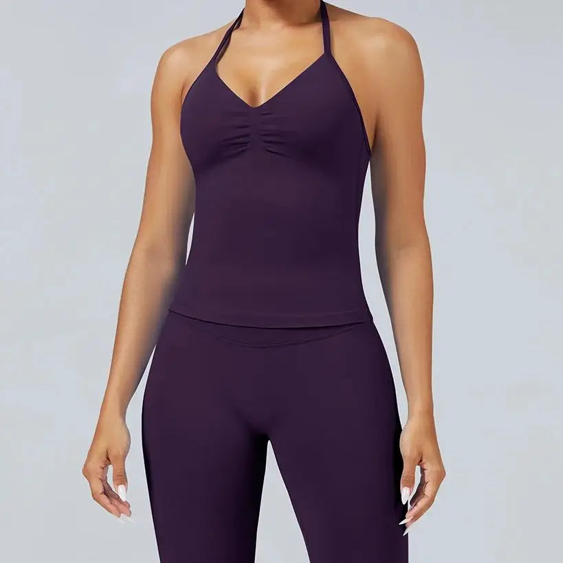Women Yoga Vest - Longline Strappy Top | Breathable Fitness Tank Top Open Back Halter