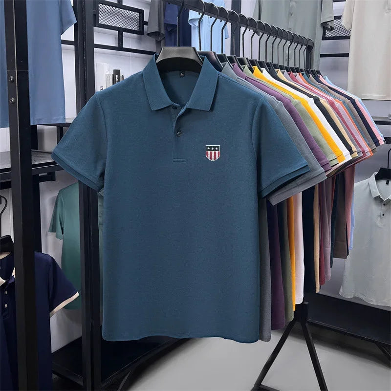 Men's Summer Luxury 100% Cotton Polo Shirt, Lapel Print Short Sleeve T-shirt, Breathable Business Casual Menswear