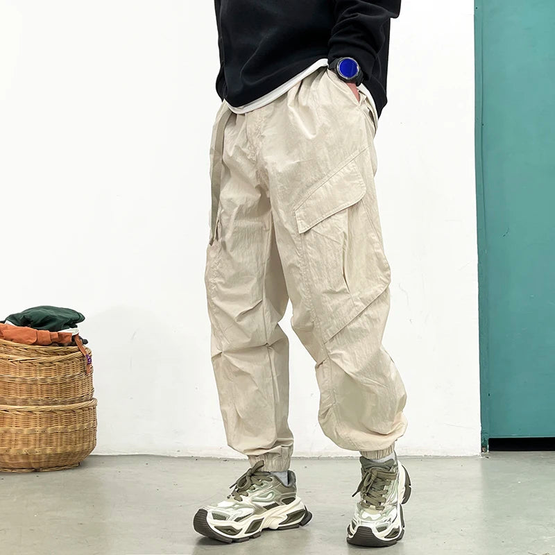 Korean Techwear Cargo Pants Men Spring Summer Quick Dry Lightweight Streetwear Casual Loose Fit Tapered Joggers Hip Hop Trendy