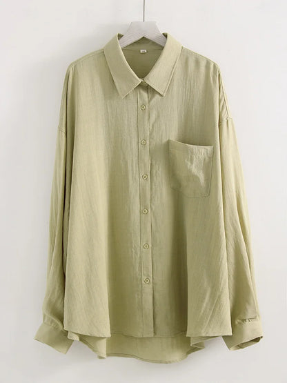 Summer Blue Linen Shirts For Women Oversized Long Sleeve Tops Green Shirt Woman Work Basic Linen Tops Women White Shirts Ladies