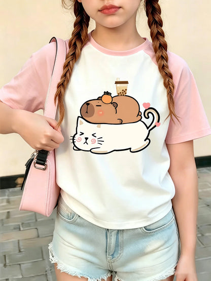 Kawaii Cat with Capybara Trendy T Shirts Short Sleeve Graphic Kids Children's T-shirt Boys Girls Casual Top Tee Summer Clothes