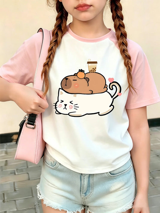 Kawaii Cat with Capybara Trendy T Shirts Short Sleeve Graphic Kids Children's T-shirt Boys Girls Casual Top Tee Summer Clothes