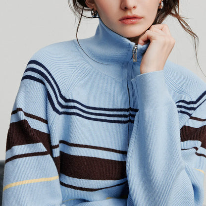 TOYOUTH Women Knitted Sweater 2026 Autumn New Fashionable Style Striped Zipper High Collar Woolen Pullover Sweater Tops