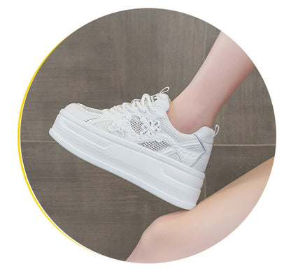Womens White Mesh Platform Sneakers Breathable Thick Sole Casual Shoes With Flower Embroidery Lightweight Non Slip For Summer Da