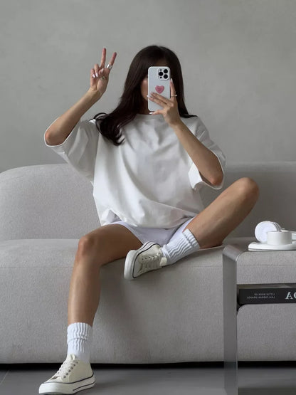 Casual Oversized Cotton T-shirt for Women - Pink O-neck Aesthetic Top