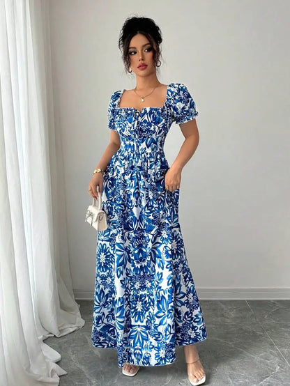 Women's Floral Dress - Blue Bubble Sleeve Ankle Length Casual Vacation Dress