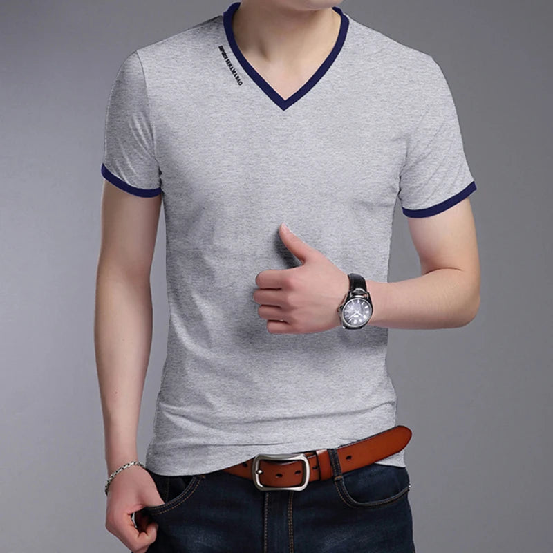 Men's V-Neck T-Shirt - Breathable Polyester Casual Tee, Solid Color Summer Top