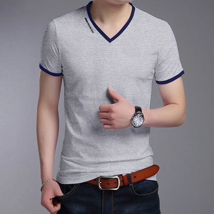 Men's V-Neck T-Shirt - Breathable Polyester Casual Tee, Solid Color Summer Top