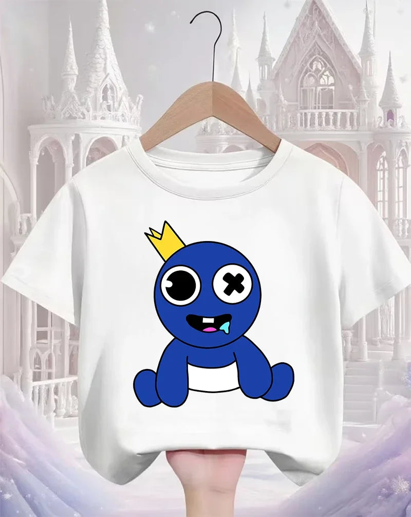 Rainbow friend cartoon pattern boy and girl summer cute round neck fashionable casual short sleeved top