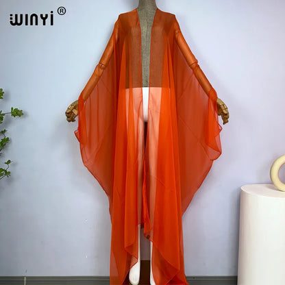 WINYI Beach sexy Cover Ups for Swimwear Women Kimono Swimsuit Cape Summer Dress 2023 Beachwear Monochrome perspective yarn dress