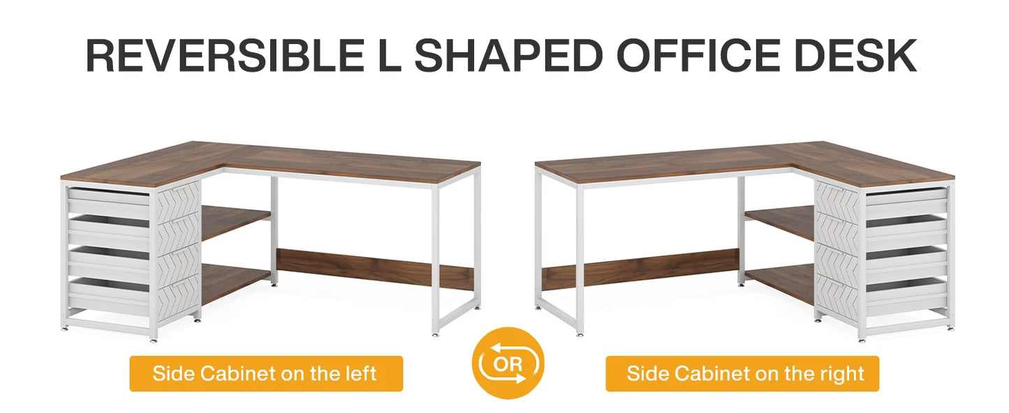 L Shaped Computer Desk - Reversible Corner Office Desk with Drawers & Shelves