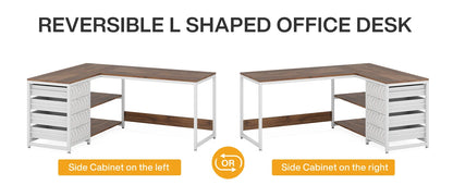 L Shaped Computer Desk - Reversible Corner Office Desk with Drawers & Shelves